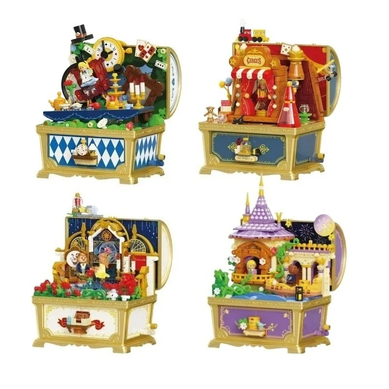

Disney Storybrooke Series Building Blocks Music Treasure Chest Rapunzel Alice Assembled Toys Model Ornaments Collection Gift