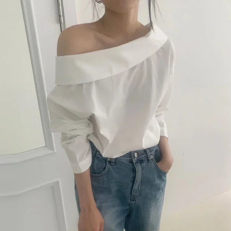 Neploe Korean Style One Line Neck Off Shoulder Design Shirt 2024 Summer Women Loose Casual Versatile Solid Color Long Sleeve Top