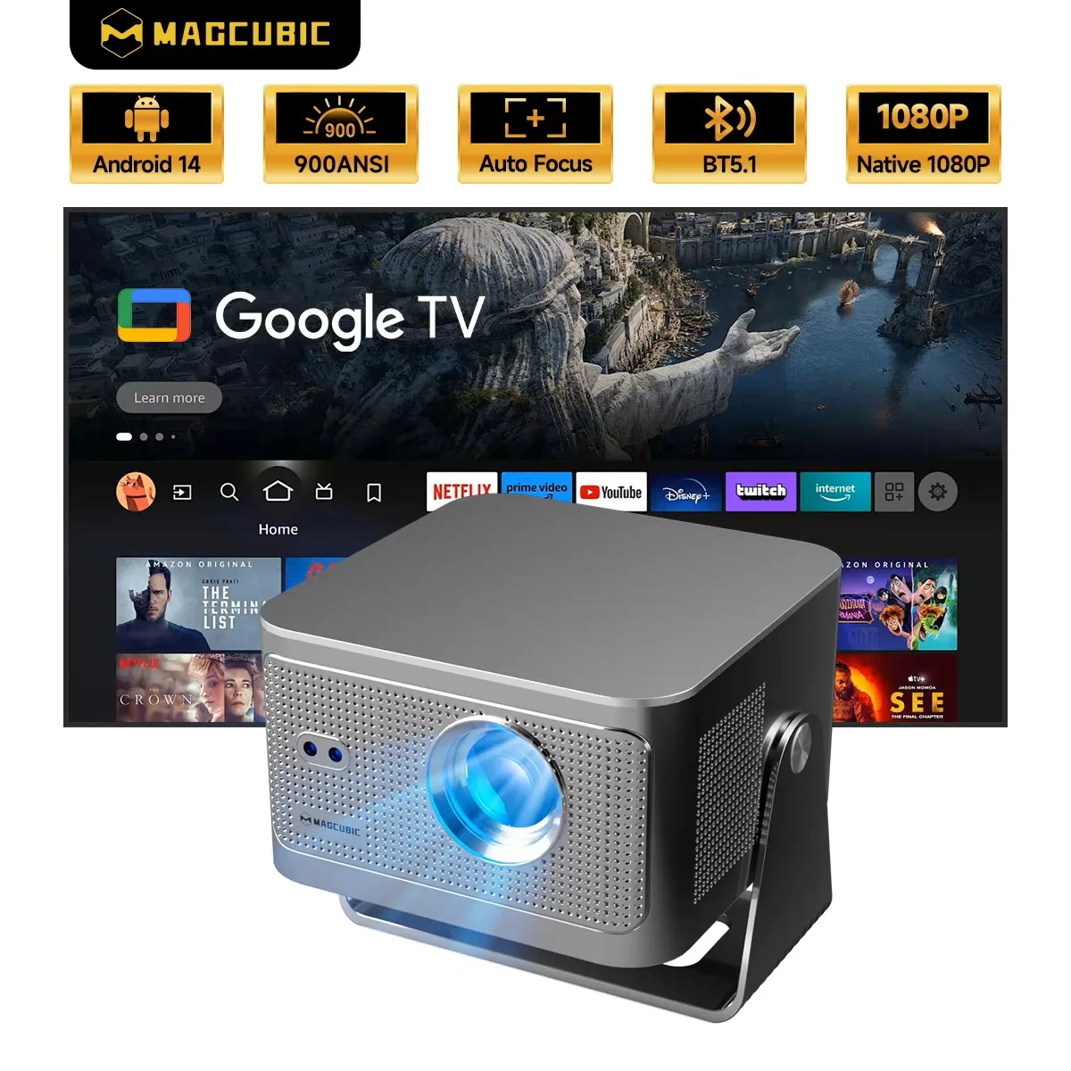 

Magcubic HY350GT 900 ANSI Projector With Google TV stick 1080p Native Projector Auto Focus Portable Home Projector