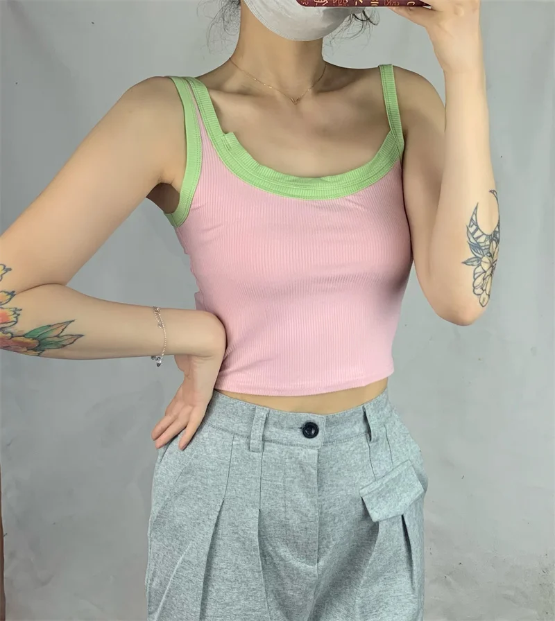 섹시한 슬리밍 크로스 숄더 베스트 하이웨이스트 유니크 컬러 블록 이너웨어 스트리트 스타일 숏 기장 바디콘 탑