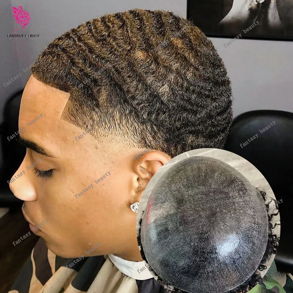 1b80 1b40 رمادي أسود 10 مللي متر الأفرو 360 موجات رجل الشعر المستعار 100% شعر الإنسان مجعد شعر مستعار أمريكي أفريقي دائم كامل بولي PU نظام الشعر البني