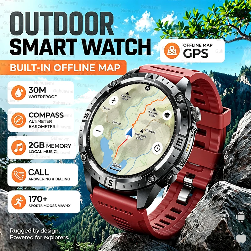 

2026 Offline Map New Smart Watch 3ATM Waterproof GPS Navigation Compass Altimeter Flashlight Men 170+ Sports Bracelet Men Women