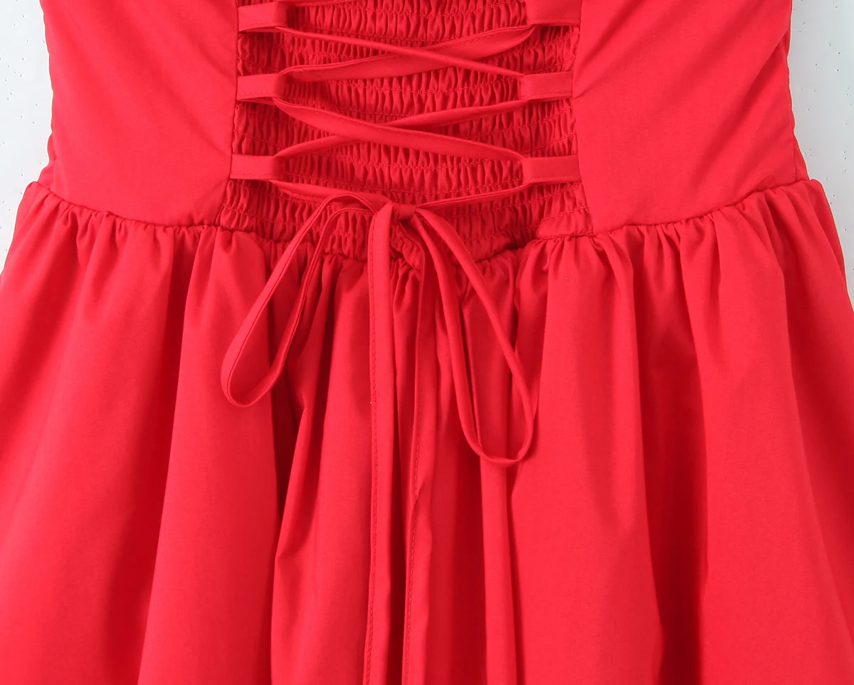 섹시한 레드 타이 보우 홀터 슬래시 칼라 슬링 드레스 여성용 로우 웨이스트 A라인 플리츠 스윙 롱 백리스 메쉬 안감 파티 드레스