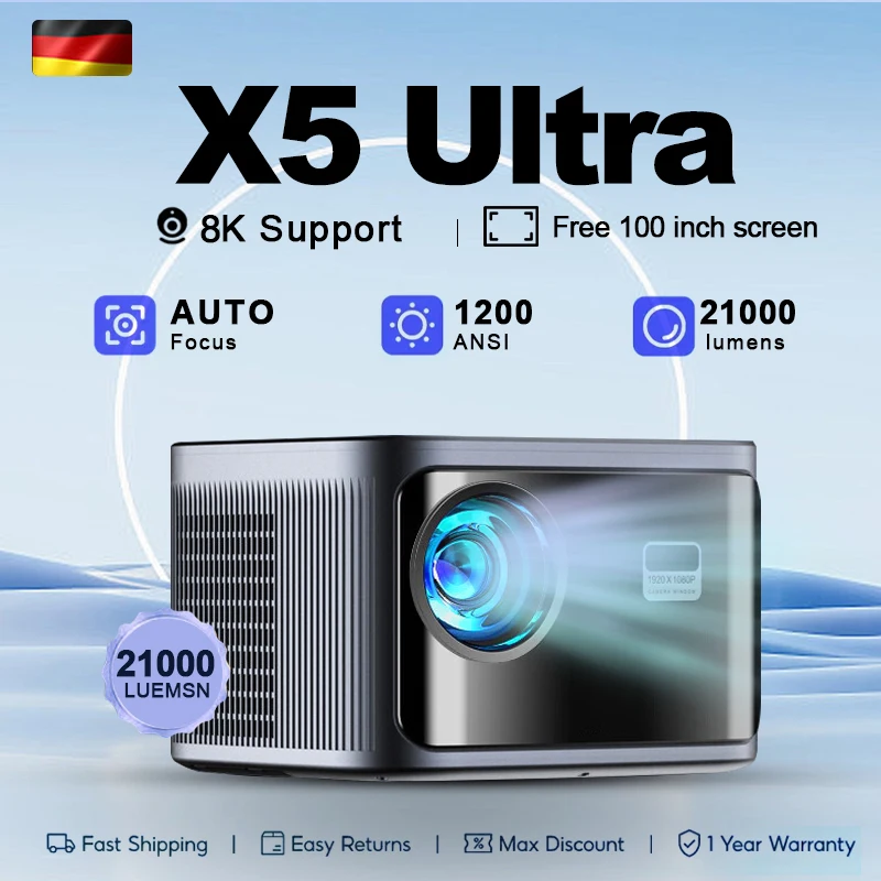 Fintex 8K/4K Support HD 1080P 1200ANSI X5 Projector With 5W Speaker Android 9.0 WiFi6 BT5.4 Outdoor Video Home Theater Projector