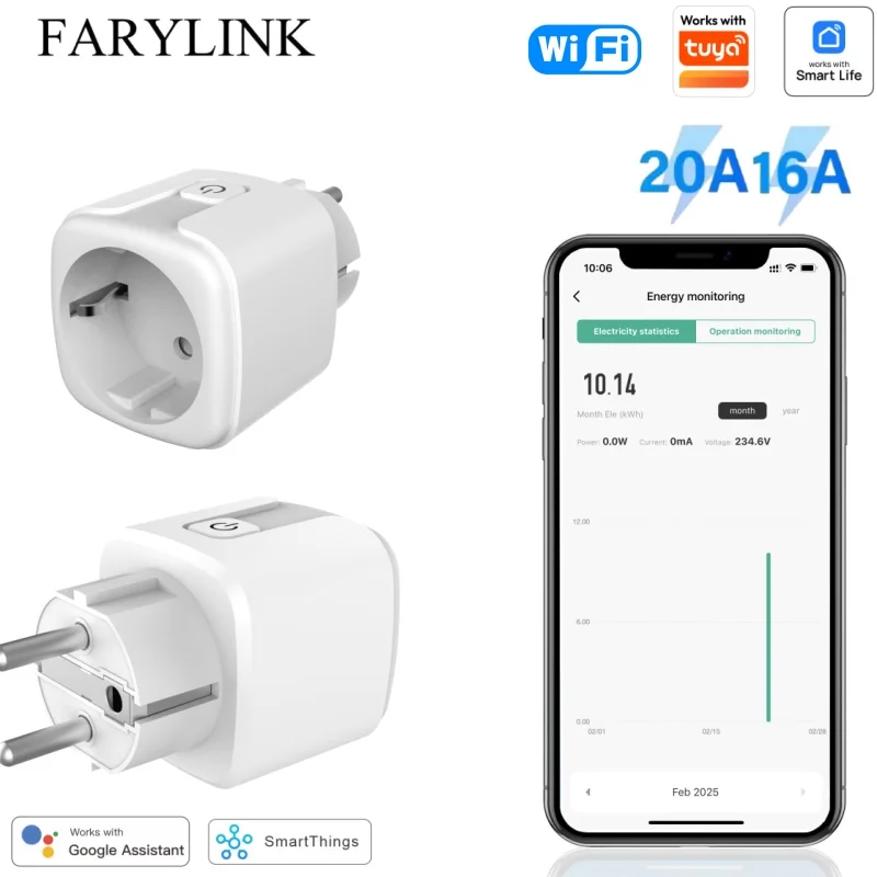 WiFi Smart Plug Socket EU 16/20A with Power Monitoring Timing Voice Control Works with Tuya Alexa Google Home Smart Life