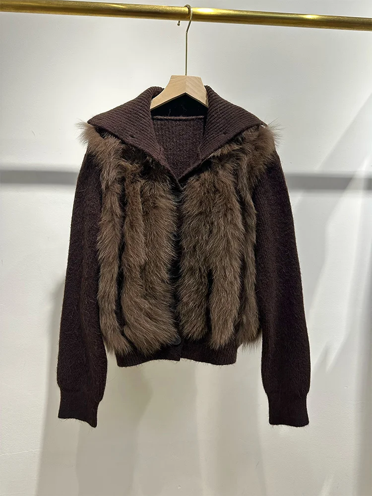 Women Casual Spring Autumn Cardigan Natural Real Fox Fur Knitted Oversize Coat Fox Fur Decoration Lady's Sweater