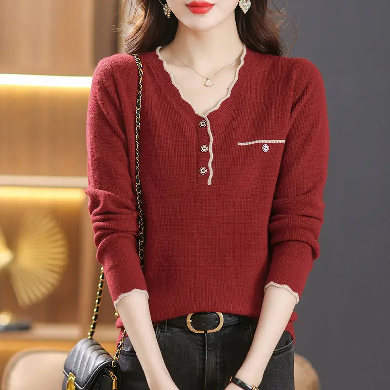 New Autumn and Winter Women Korean Fashion Elegant Knitted Sweater Female V-neck Slim Solid Long Sleeve Knitwear Pullover Jumper