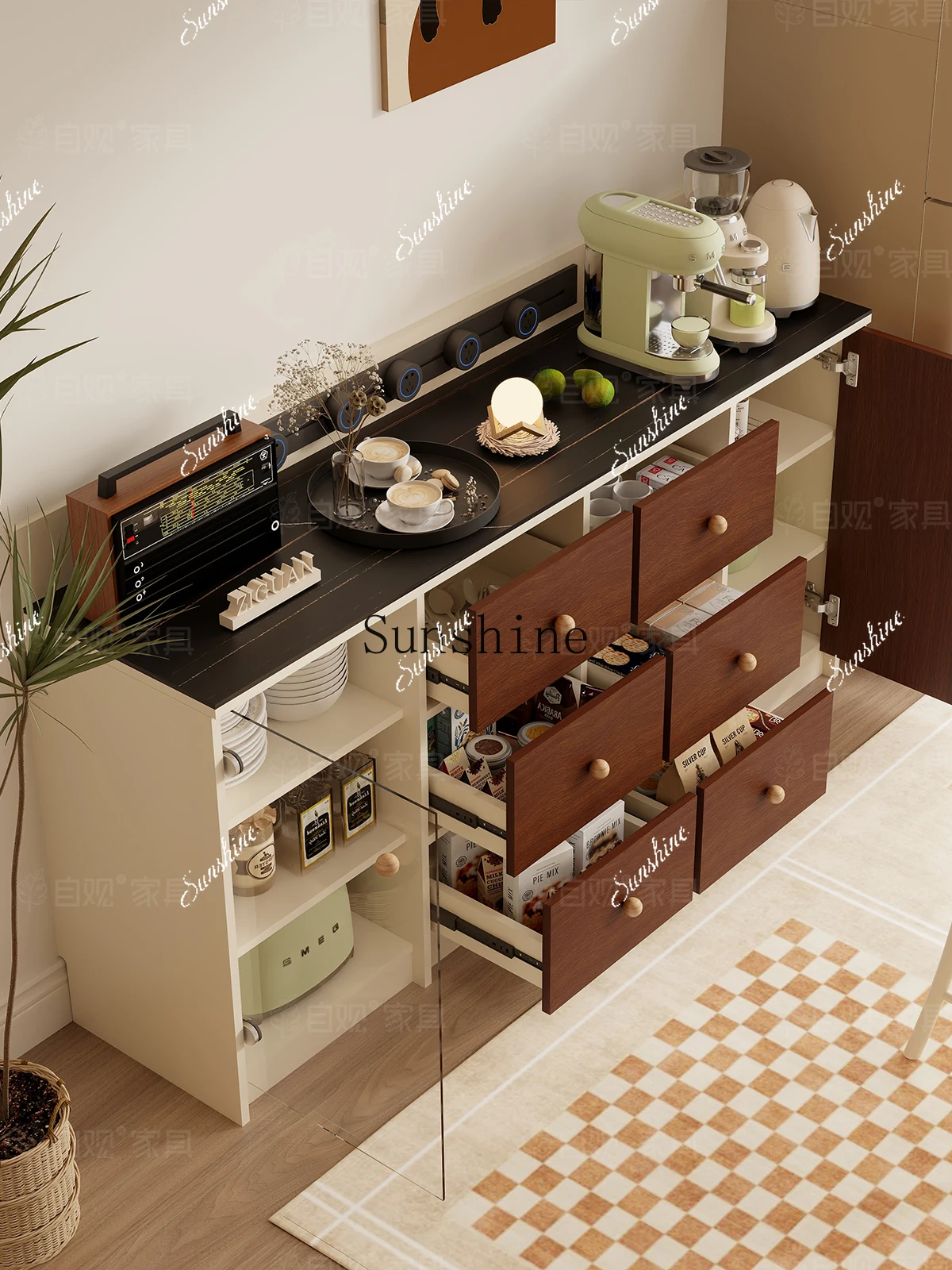 Glass door dining side cabinet retro storage bucket cabinet multi-functional rock slab countertop FT