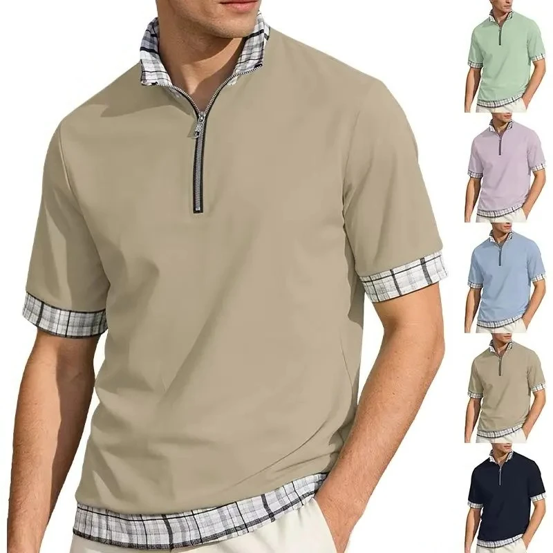 Men's Pure Cotton Half Zipper Collared Short Sleeve T-Shirt Fake Two-Piece Casual Large Size Shirt Breathable Summer Polo Shirts