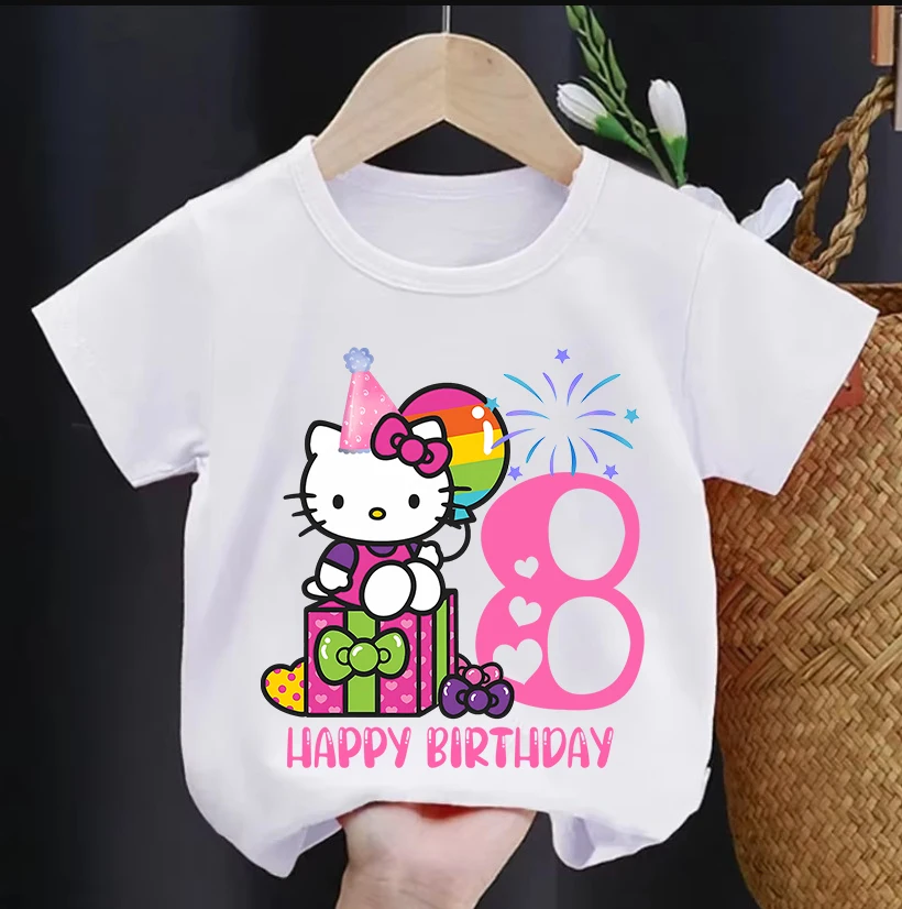 Hello Kitty Birthday Number T-shirt Short Sleeve Tee Summer Kids White Top Clothes Girls T-Shirts Children Cotton Cute T Shirt view 2