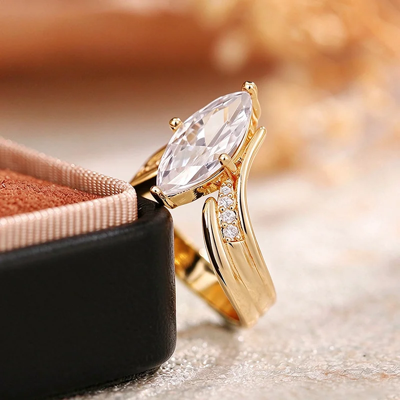 Marquise Cut Zircon Split Shank Ring for Women, Gold Plated Twist Band, Luxury Engagement Wedding Statement Jewelry Gift
