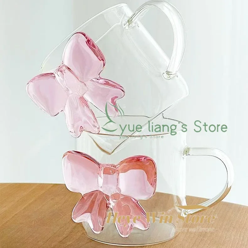 

Transparent Pink Bow with Handle Glass Cup Ice Cream Dessert Glass Cup Drink Milk Coffee Goblet Candle Holder Ornament