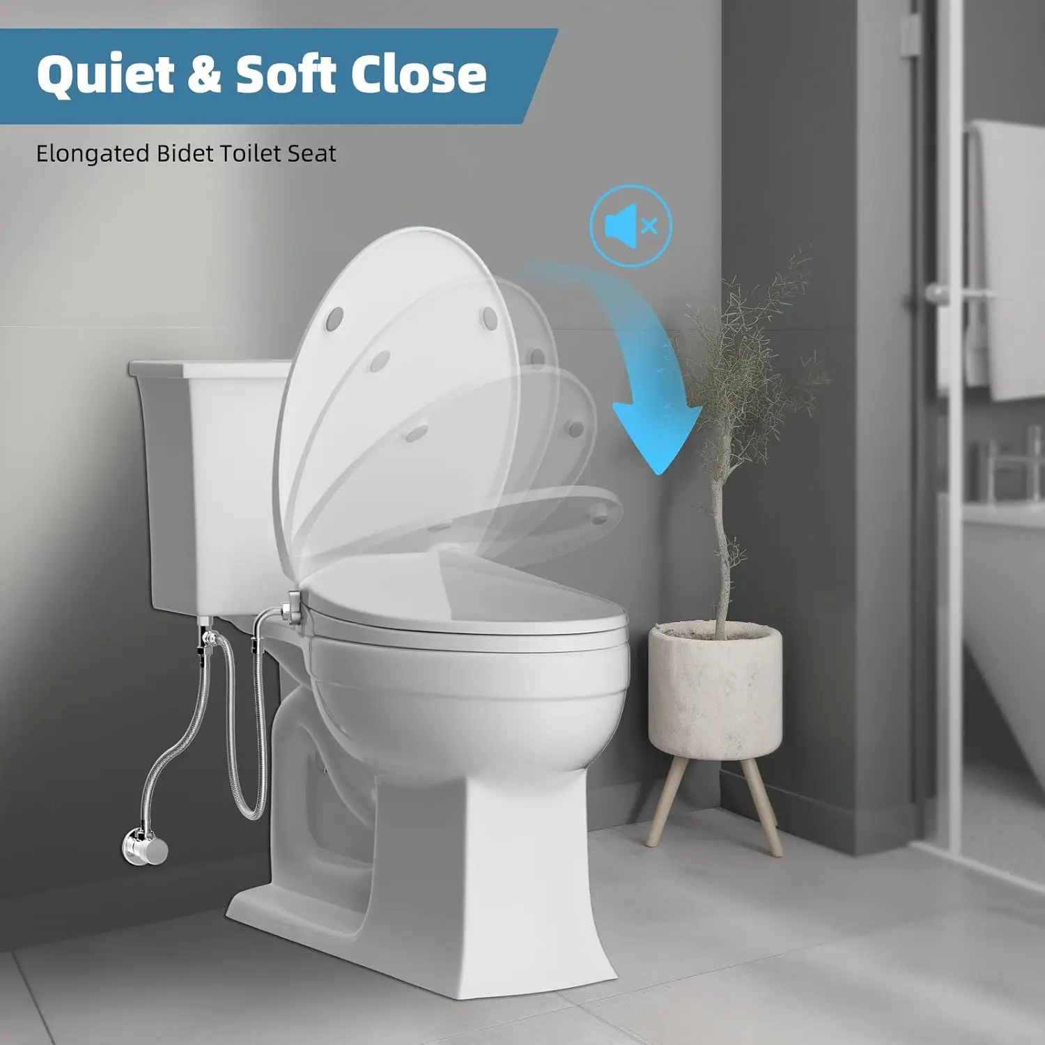 Elongated Bidet Toilet Seat with Slow Close, Non-Electric Bidet Attachment for Seat with Sprayer with Adjustable Self-Nozzles