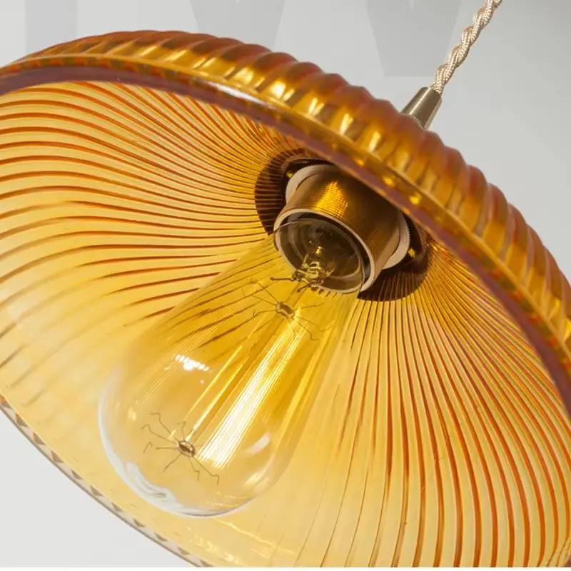 Ribbed Amber Pressed Glass Pendant Lamp Vintage Brass Head Suspension Light Dining Room Home Hotel Hanging Ceiling Chandelier