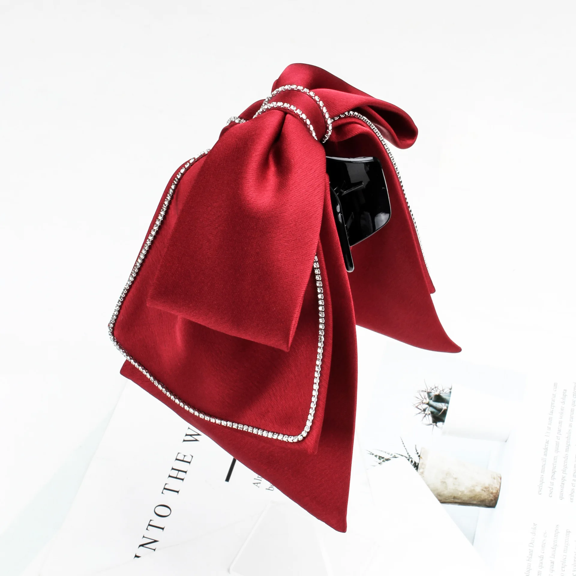 Ankola Red Series Satin Bow Hairpin Women's New Rhinestone High Ponytail Grab Clip Premium Shark Clip