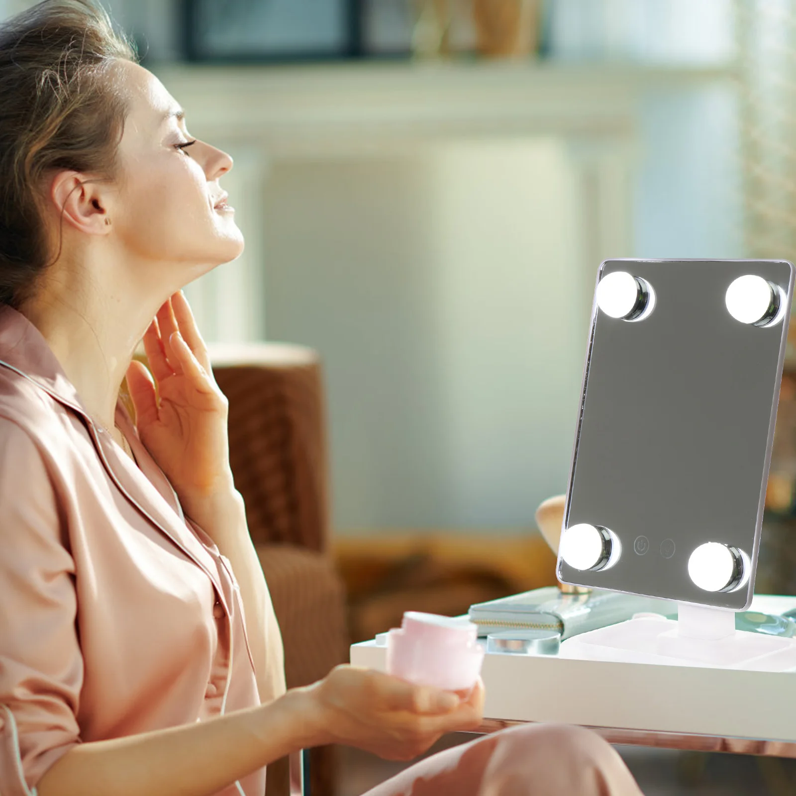 กระจกแต่งหน้าแบบตั้งโต๊ะ LED ปรับแสงได้ 3 โหมด หมุนได้ สำหรับผู้หญิง ใช้ในห้องน้ำ โต๊ะเครื่องแป้ง ปลอดภัย