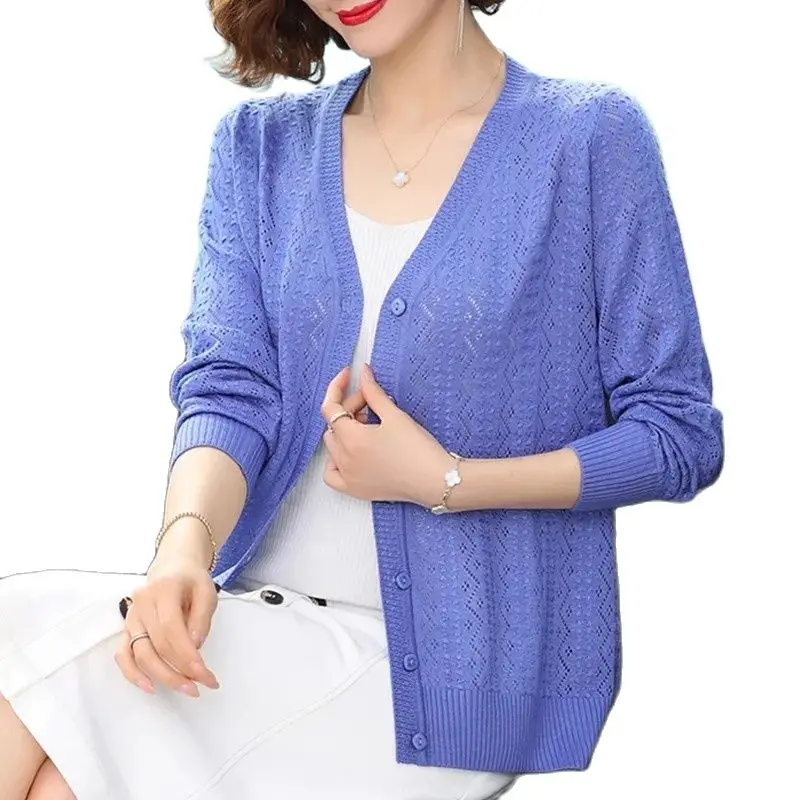 

New 2022 Summer Ice Silk Knitting Shirt Cardigan Women's Coat Long Sleeves Jacket Thin Short Middle Aged Female Hollow Out Top