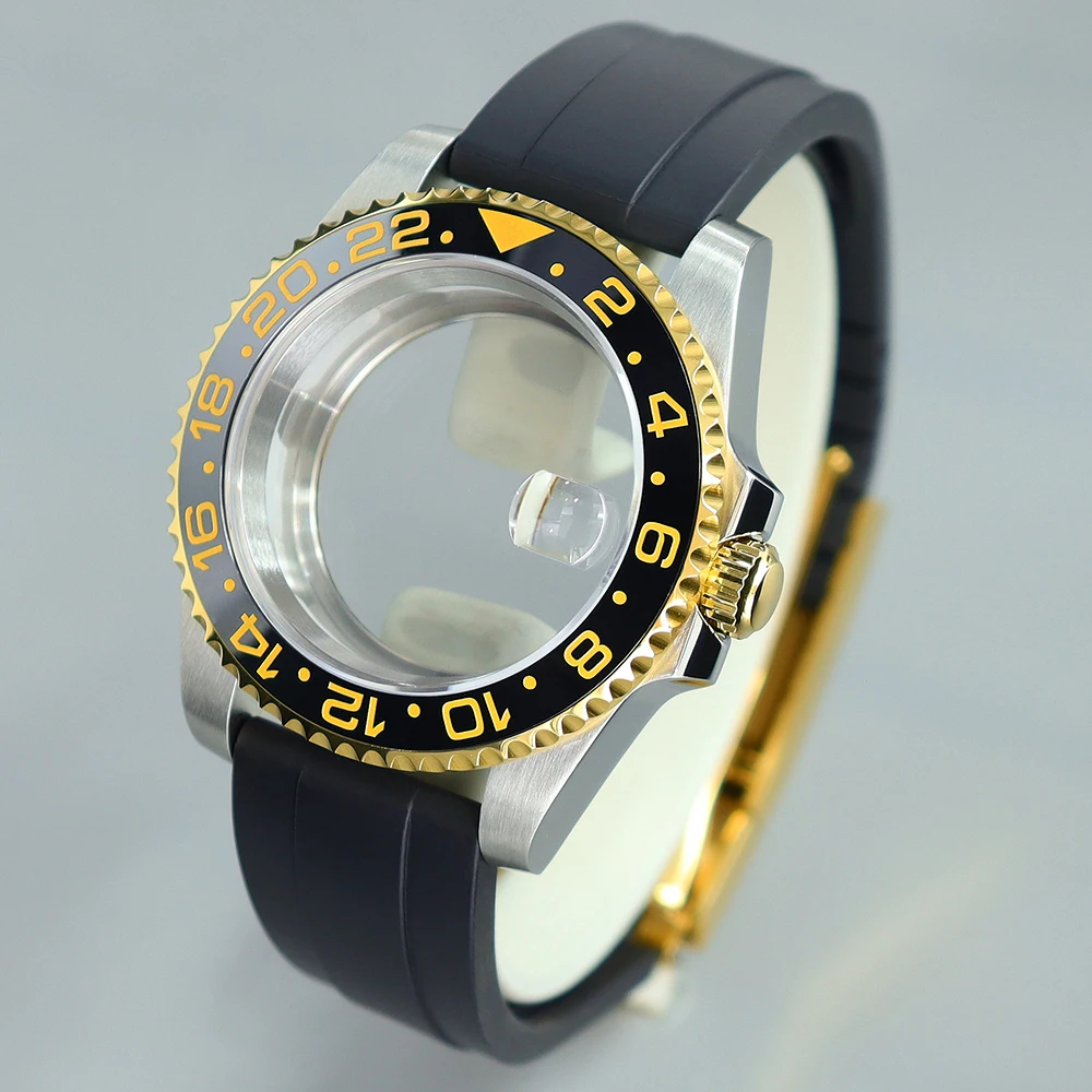 40mm sub gmt caixa de relógio pulseira de borracha moldura cerâmica para yace nh35 nh36 nh34 nh70 miyota 8215 eta 2824 pt5000 movt vidro safira