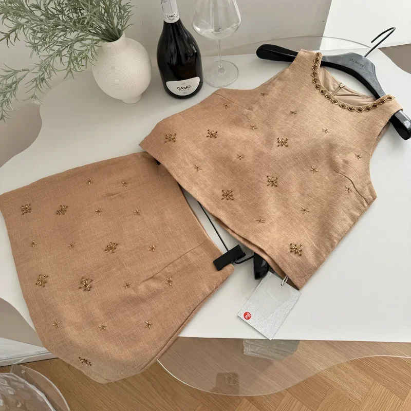 女性用ノースリーブカーキスーツセット,ベスト,ミニスカート,シンプル,シック,ビーズ,フレンチ,ソフト,フレンチ,2ピース,韓国