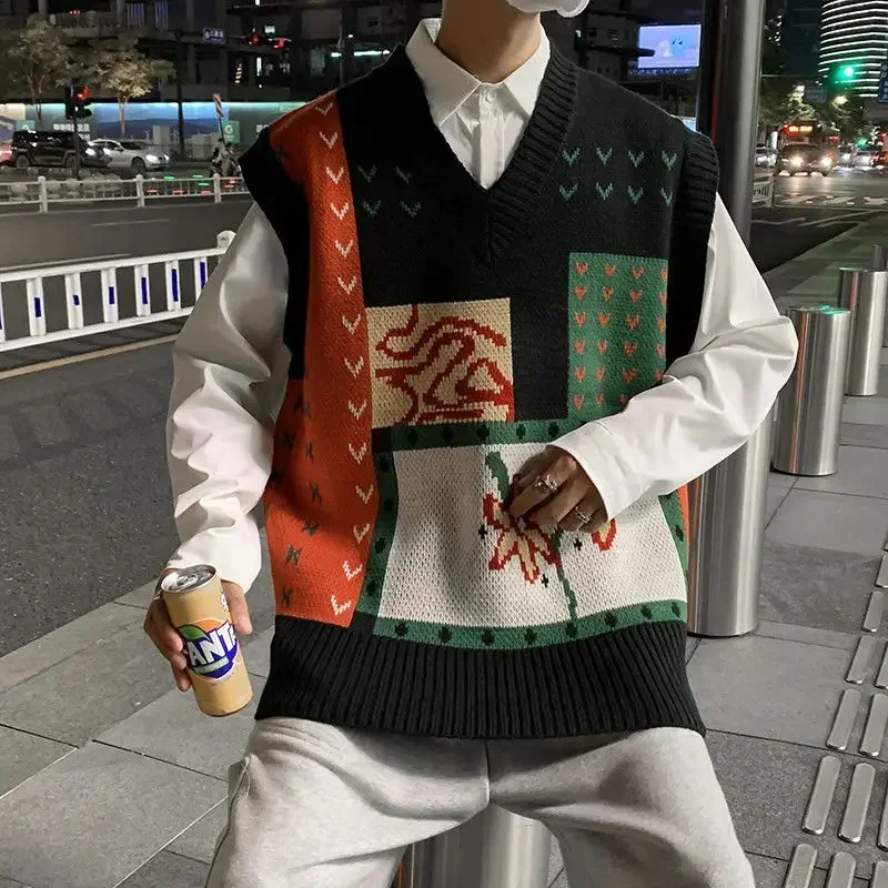 Knit Sweater Male Vest Patchwork Black Cute Sleeveless Men\'s Clothing Waistcoat Graphic Korean Style Winter 2025 New in Fashion