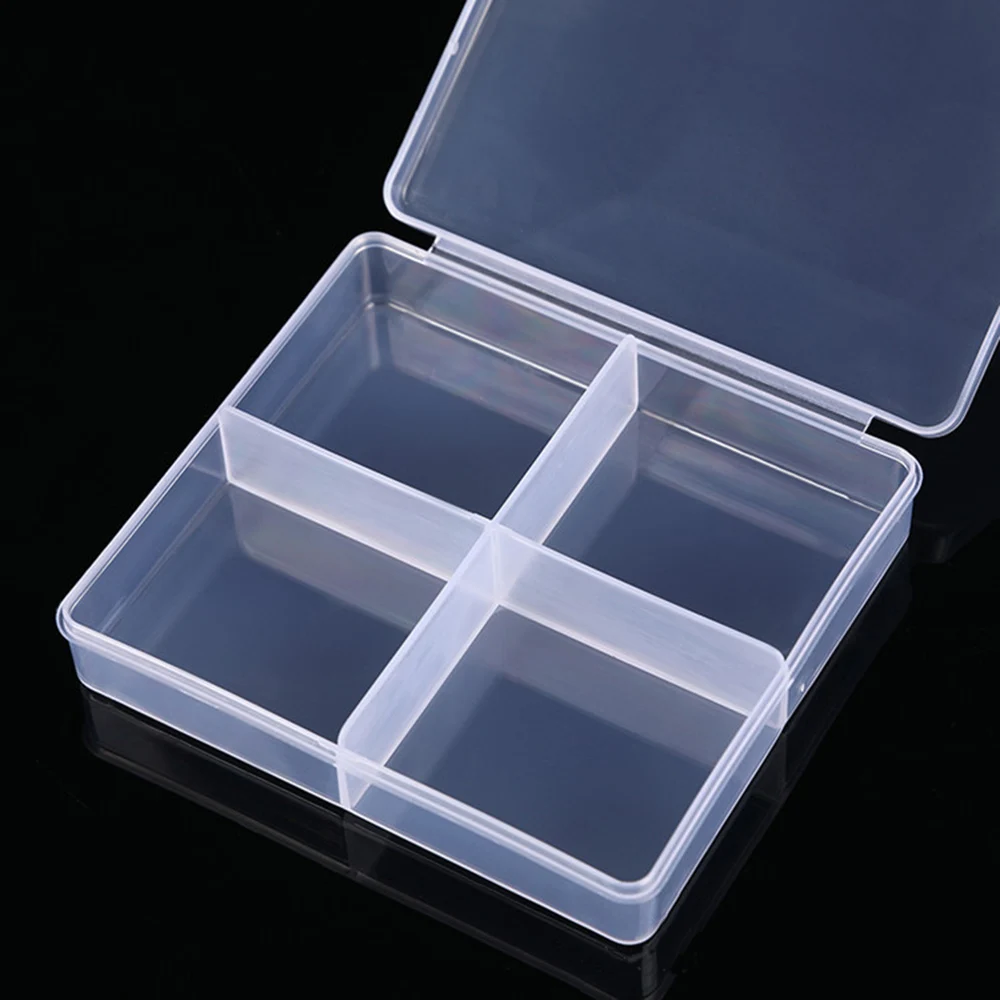 Caja de almacenamiento de plástico transparente, 4 rejillas, caja translúcida, caja de embalaje, caja de almacenamiento a prueba de polvo,