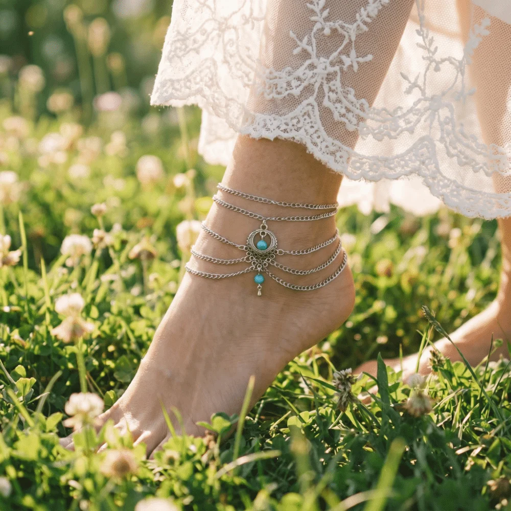 Casual Bohemian Style Hollow Anklet Retro Style Handmade Turquoise Foot Chain Stackable Adjustable Foot Jewelry Beach