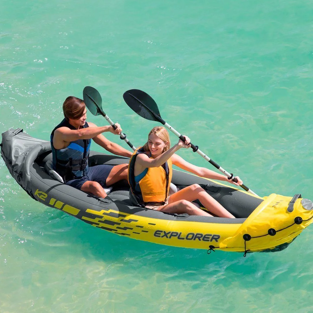 Kayak Inflable 68307 K1 K2 para 2 Personas, Bote de Pesca Inflable con Accesorios, Palas y Bomba de Pedal