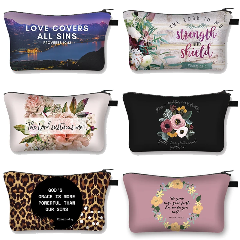 Bible Verse He Will Sustain You Pattern Cosmetic Bag Women Makeup Bags Casual Cute Toiletries Bag For Travel Organizer Bags Gift