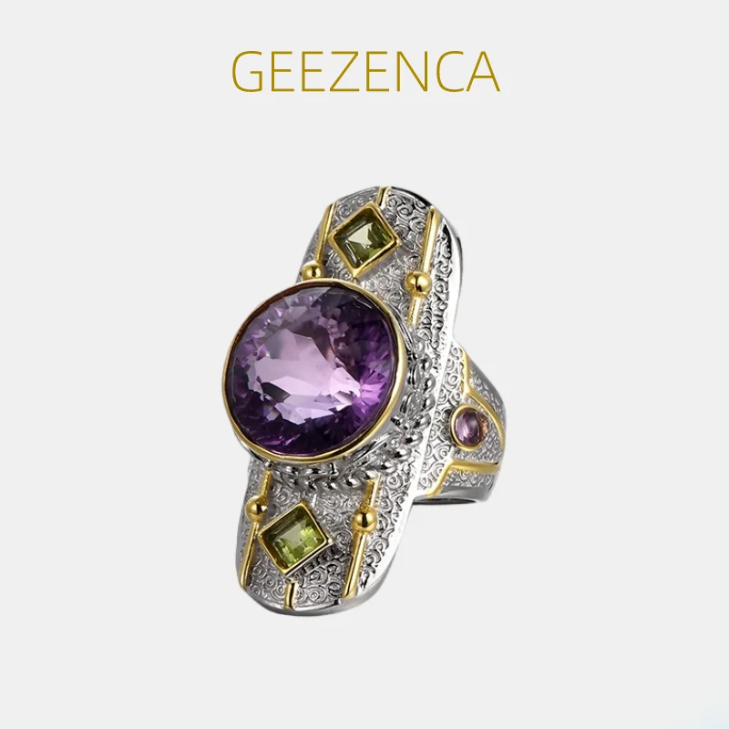 GEEZENCA Natural Faceted Amethyst S925 Silver Two Tone Plated Rings Women Exaggerated Large ResizableLuxurious Ring 2023 New