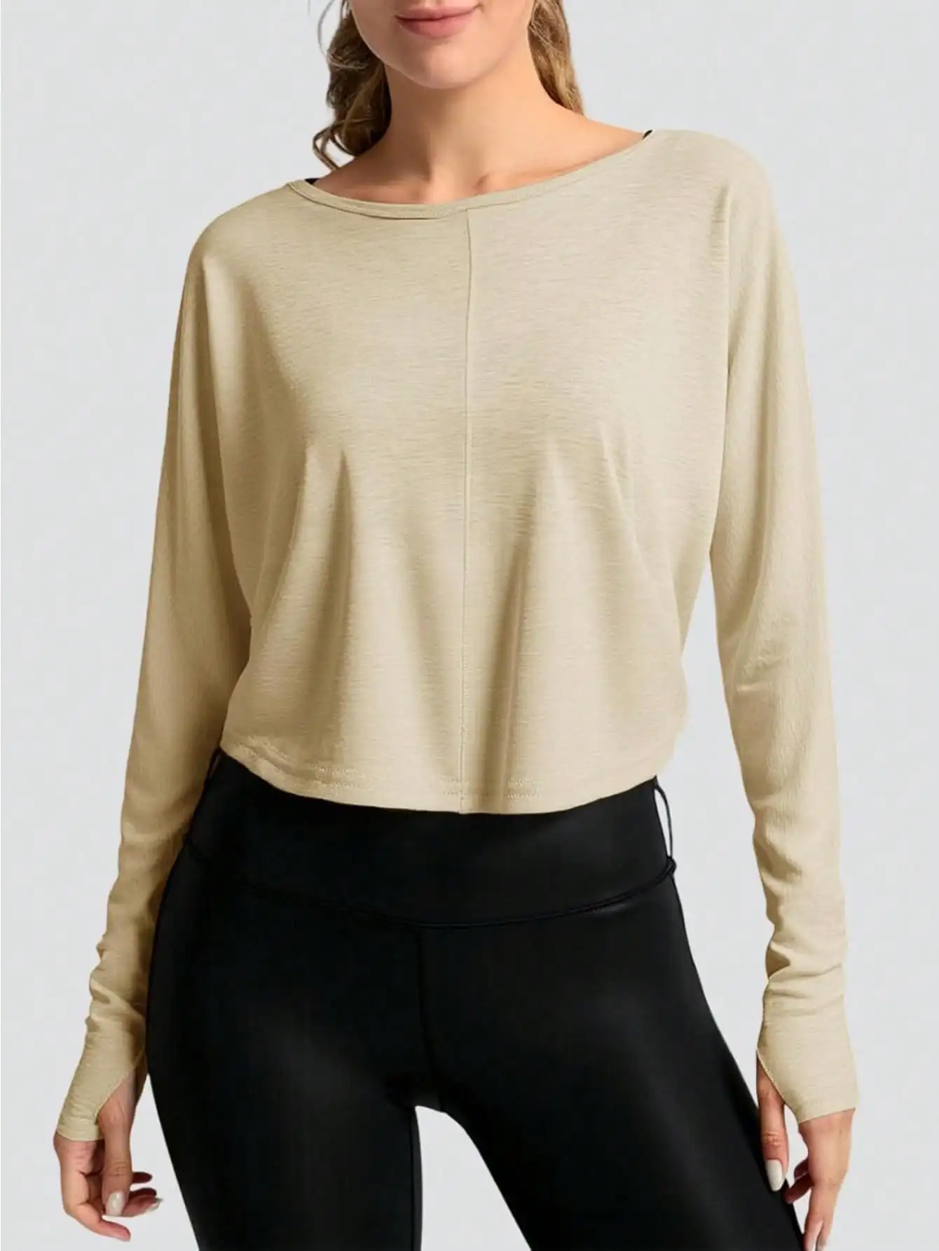 Fisoew Langarm-Trainingsoberteil mit überkreuztem Rücken, kurzes Langarm-Fitnessshirt für Damen mit Daumenlöchern, sportliches Yoga-T-Shirt