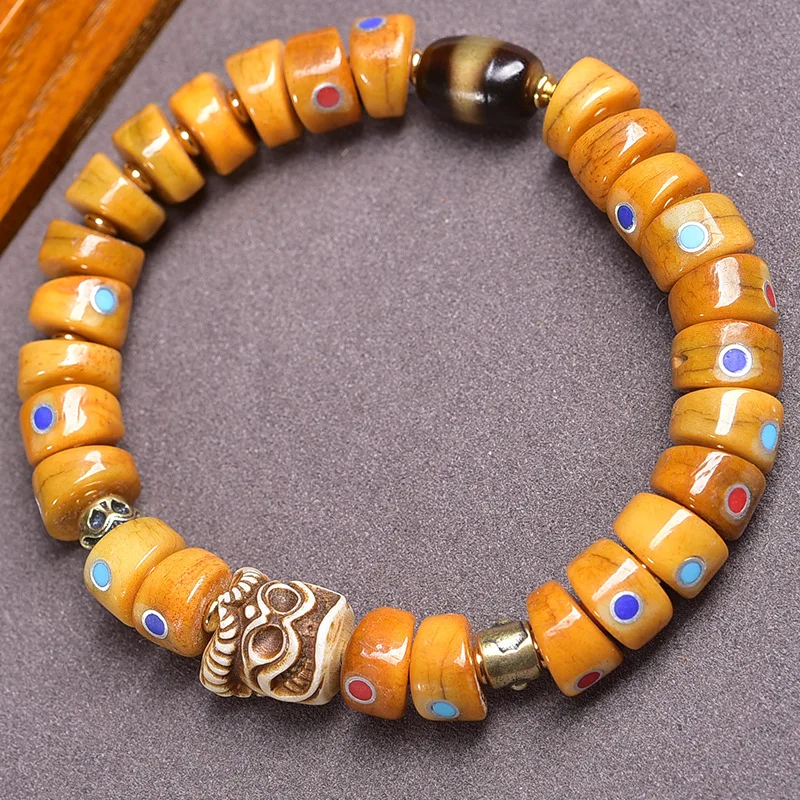 natural yak inlaid large intestine bracelet, Buddhist , old bone, Tibetan-style barrel beads, gold seed