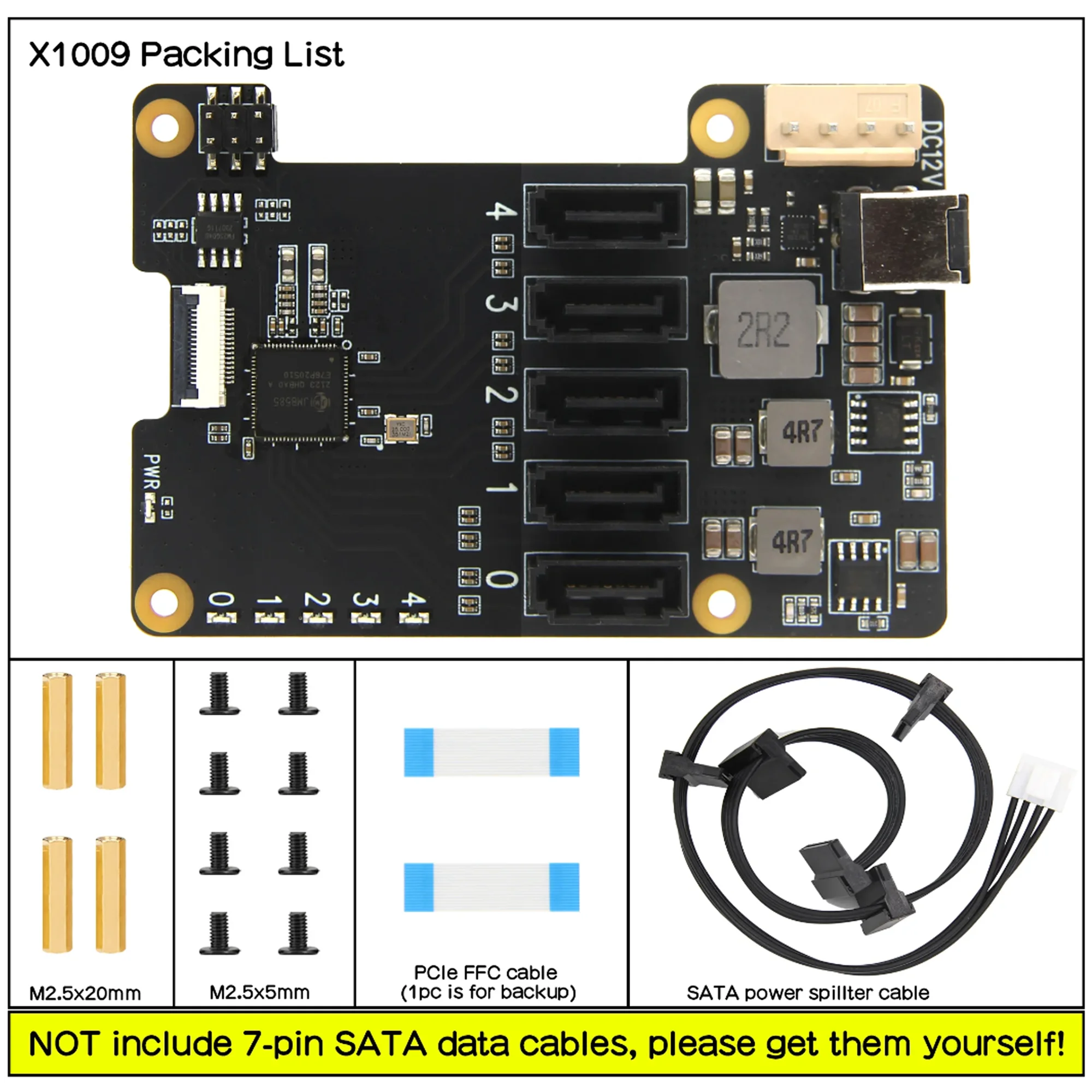 Плата расширения Raspberry Pi 5 X1009 PCIe на 5 портов SATA Shield SATA HAT (не поддержка загрузки от HDD/SSD)