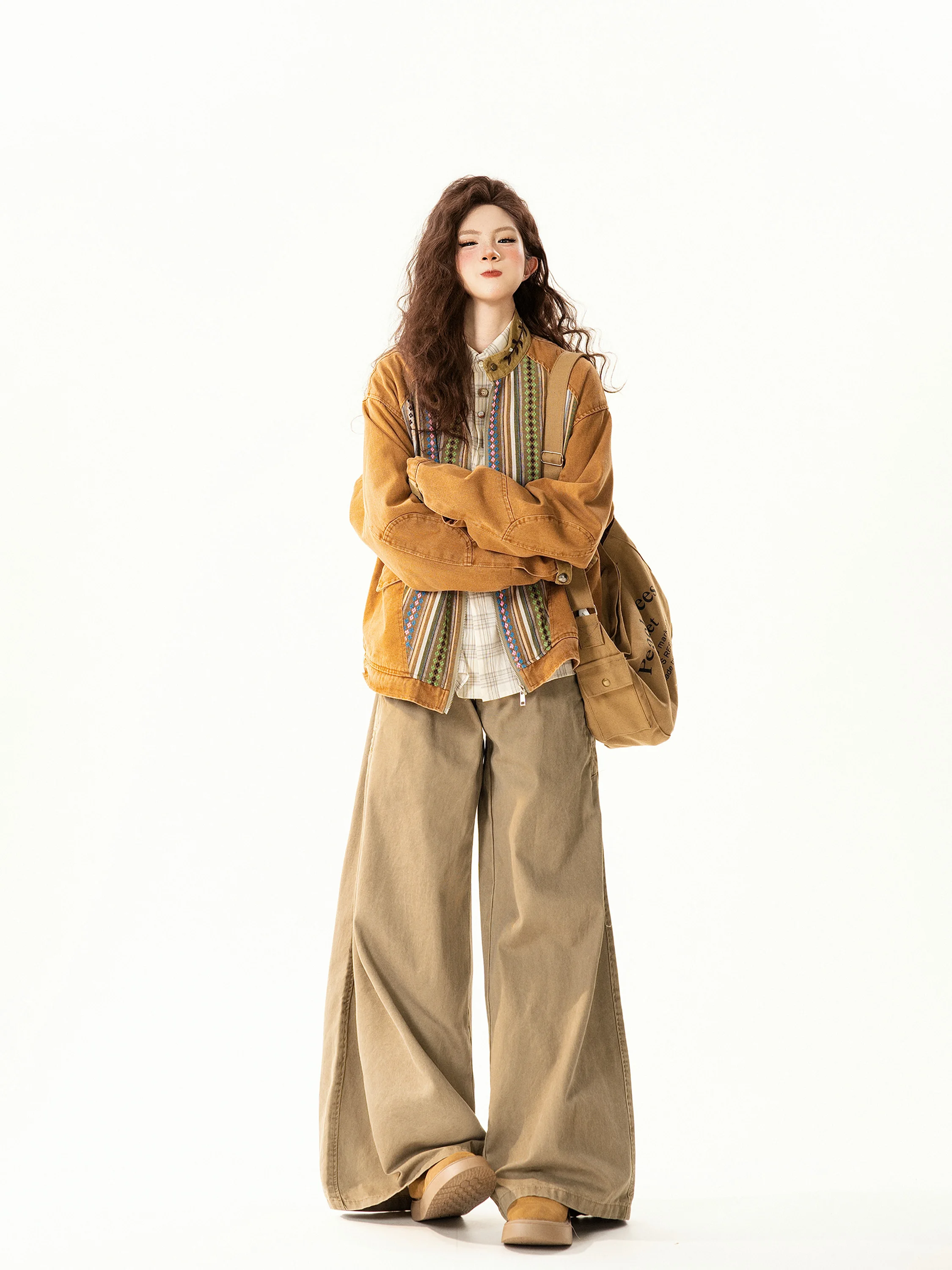 

Retro Ethnic Spliced Stripes Stand Collar Jaet Women Casual Loose Fit Versatile Jaet Trendy Zipper Closure Long Sve