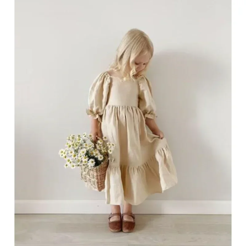 

Children Clothing Girls Dress 2023 Summer Cotton and Linen Back Adjustment Bubble Sleeve Princess Sweet Simple Dress for Girls