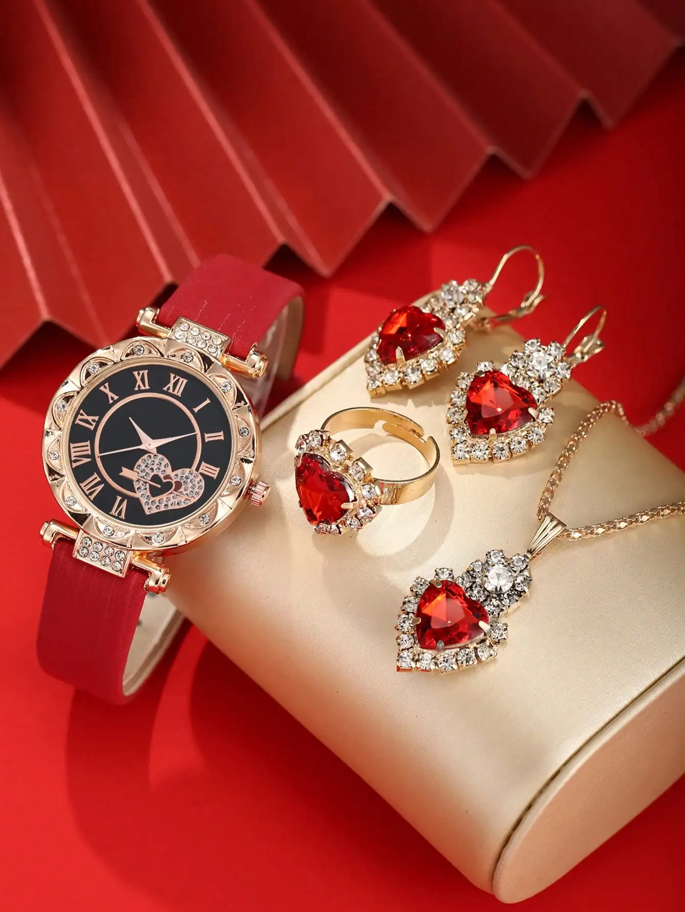 5-piece set of diamond studded watches, women's leather strap, simple and fashionable watch, glass quartz watch set