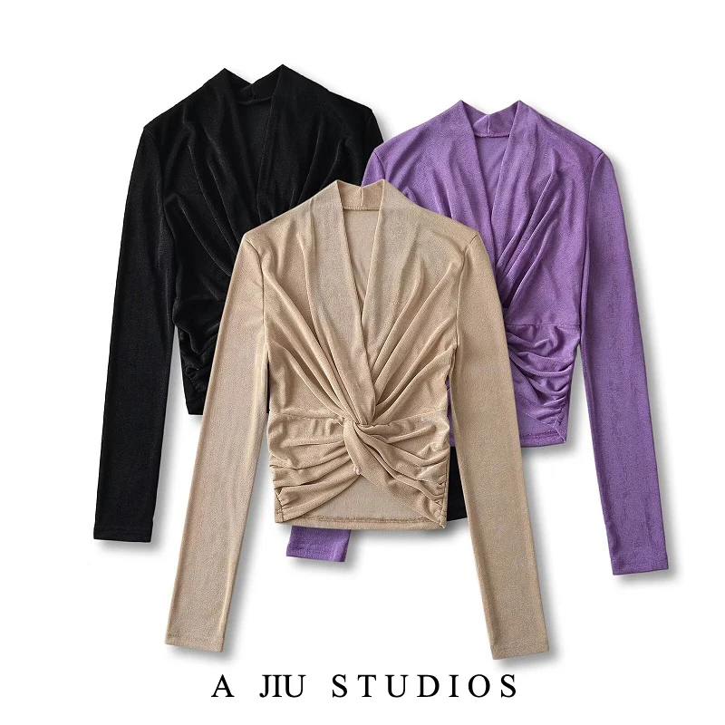 

Slim Fit Long Sve T-irt Women's V-Ne Knot Waist Design Sexy Street Sle Pure Color Base irt Inner Wear ort Length