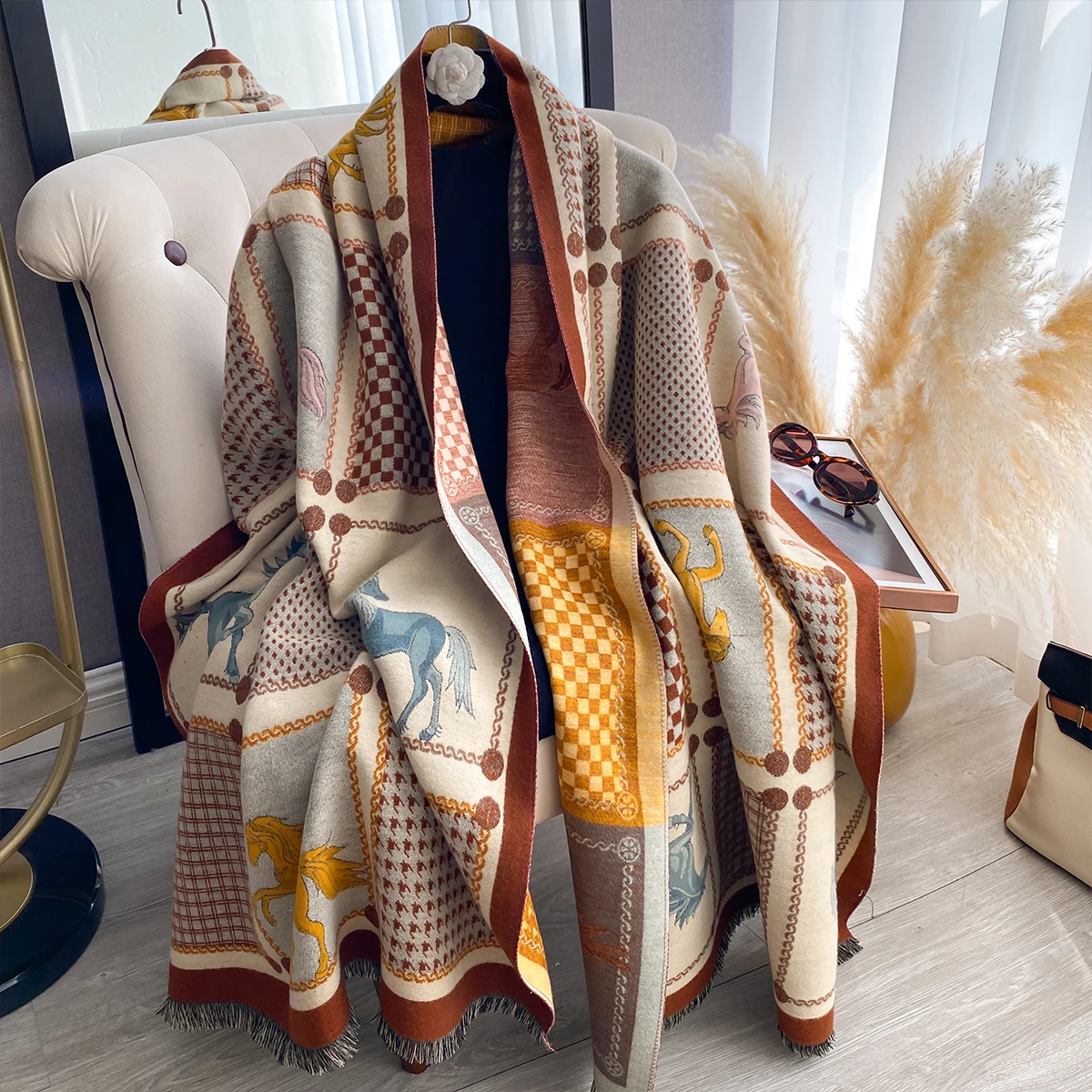 Neue Luxus Marke Zweiseitige Jacquard Schal Kaschmir Weiche Warme Fringe Pashmina Das Pferd Schal Winter Kältebeständig Winddicht Decke – Detail 9