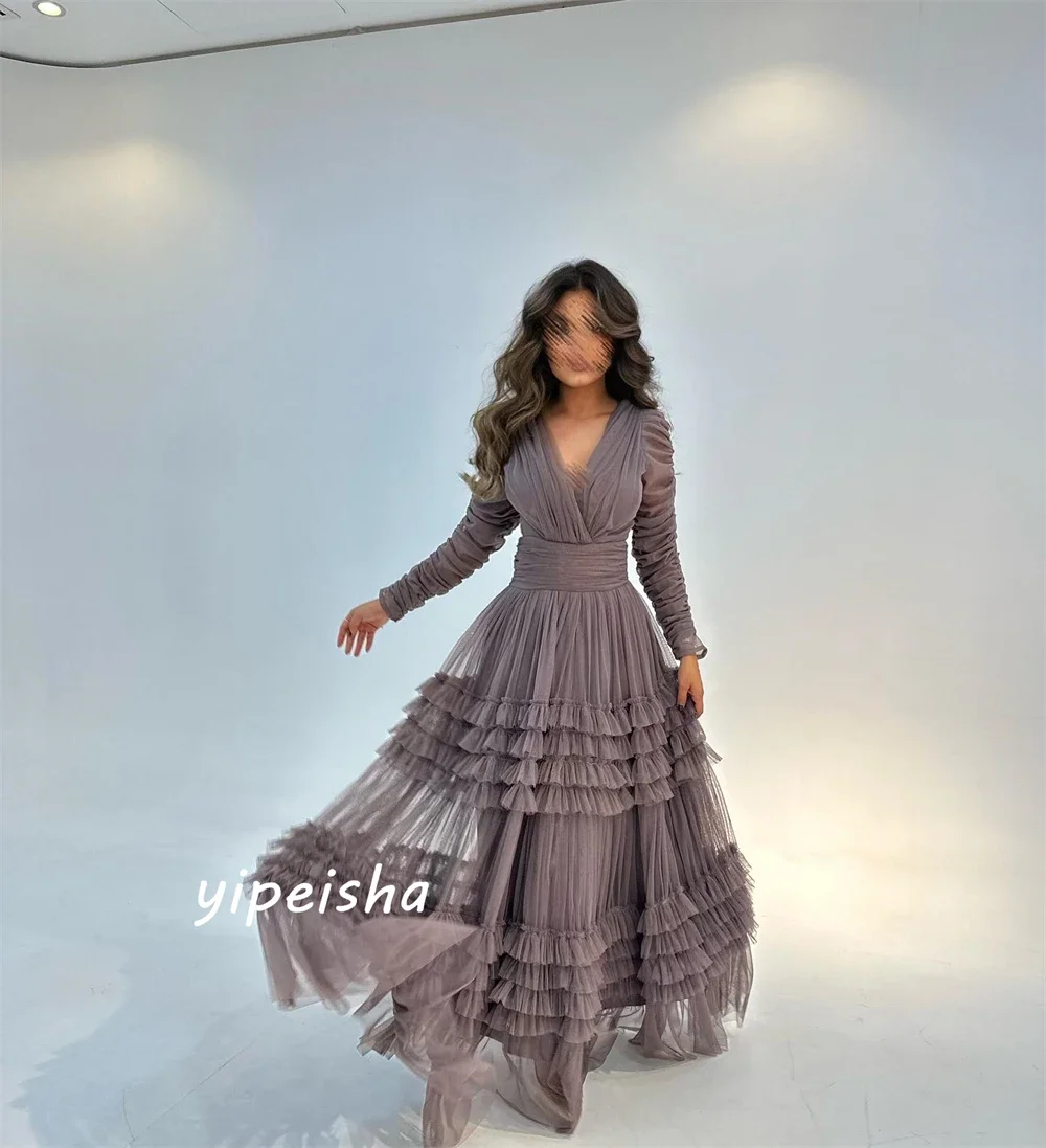 Customized Simple Sexy Casual V-neck A-line Quinceanera Dress Draped Shirred Floor Length Skirts Net/Tulle Evening Dresses Exqu