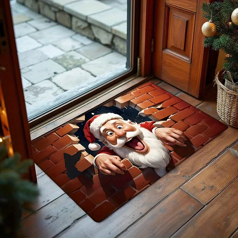 Funny Santa Claus 3D Doormat, Xmas Optical Illusion Indoor Entrance Welcome Mat, Washable Kitchen Bathroom Laundry Rug