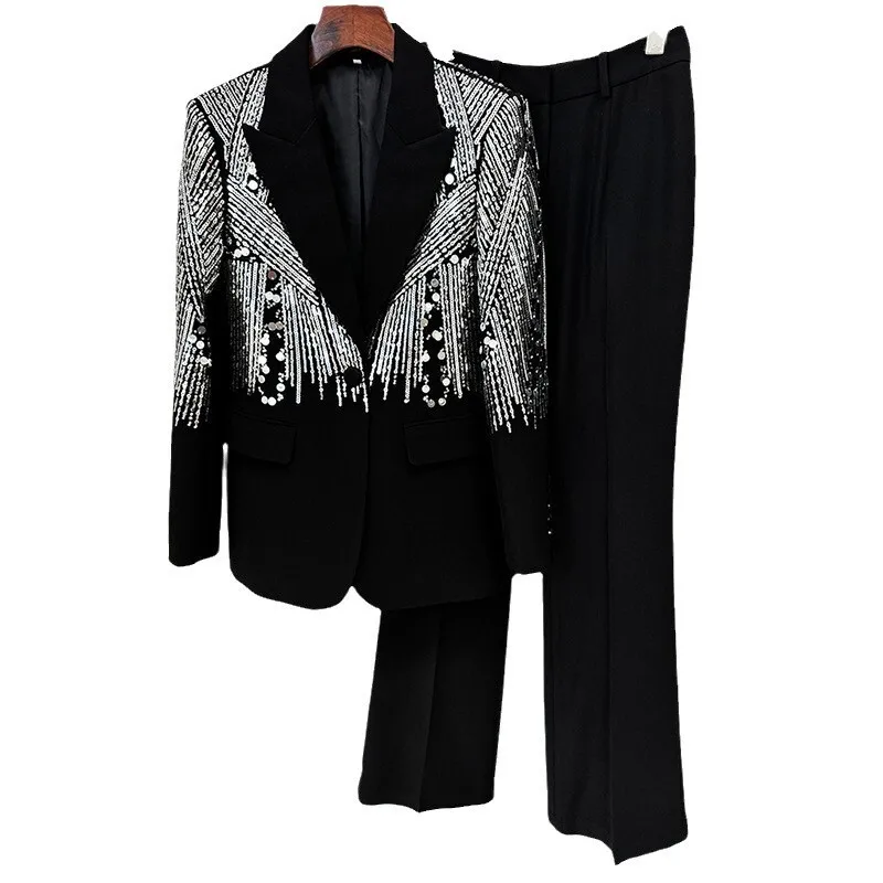 High Street Autumn  Women 2 piece Heavy Craft Sequined Single Button Elegant Fashion Blazer Solid Color Chic Pantsкостюм