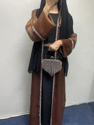 Abayas abiertas con lentejuelas para mujer, conjunto de cárdigan con cinturón de cuentas y velo, vestido interior largo de lujo, caftán marroquí musulmán de Dubái