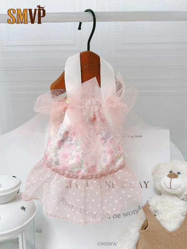 Sweet Pink Floral Suspender Pet Dress Large Organza Bow Polka Dot Tulle Dress Cute Princess Costume for Puppies and Kittens
