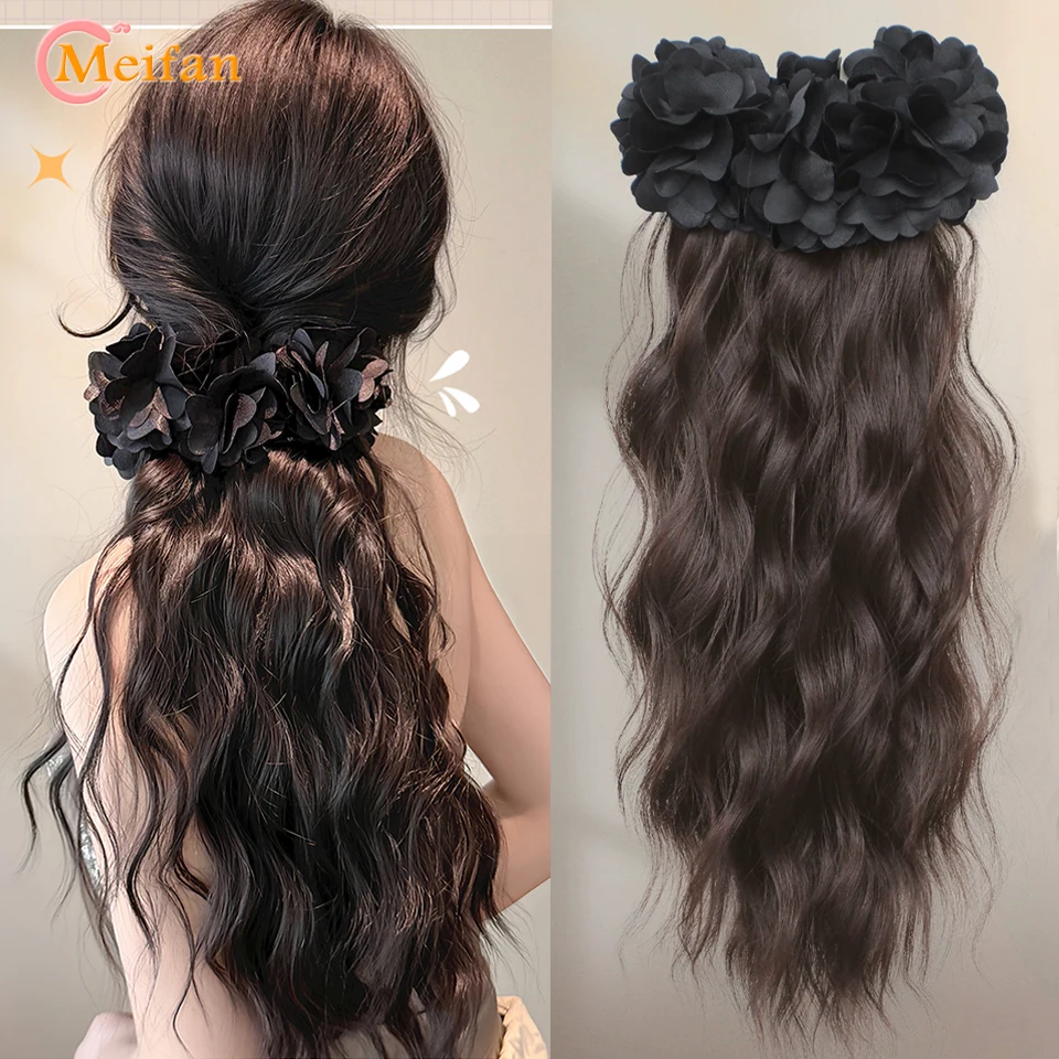 

﻿ Banana Clip Long Wavy Ponytail Synthetic Clip in Hairtail Extension Fluffy Black Ponytail Wig with Red Flower Hair Accessorie