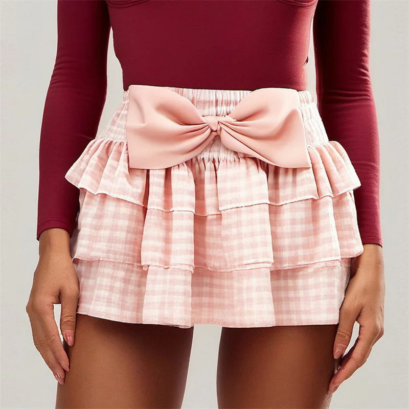 Y2k Bowknot Elastic Waistband Ruffles Bloomers Skirt Plaid Layered Skirt Summer Teen Girl Clothes Lolita Fairy A-line Skirt