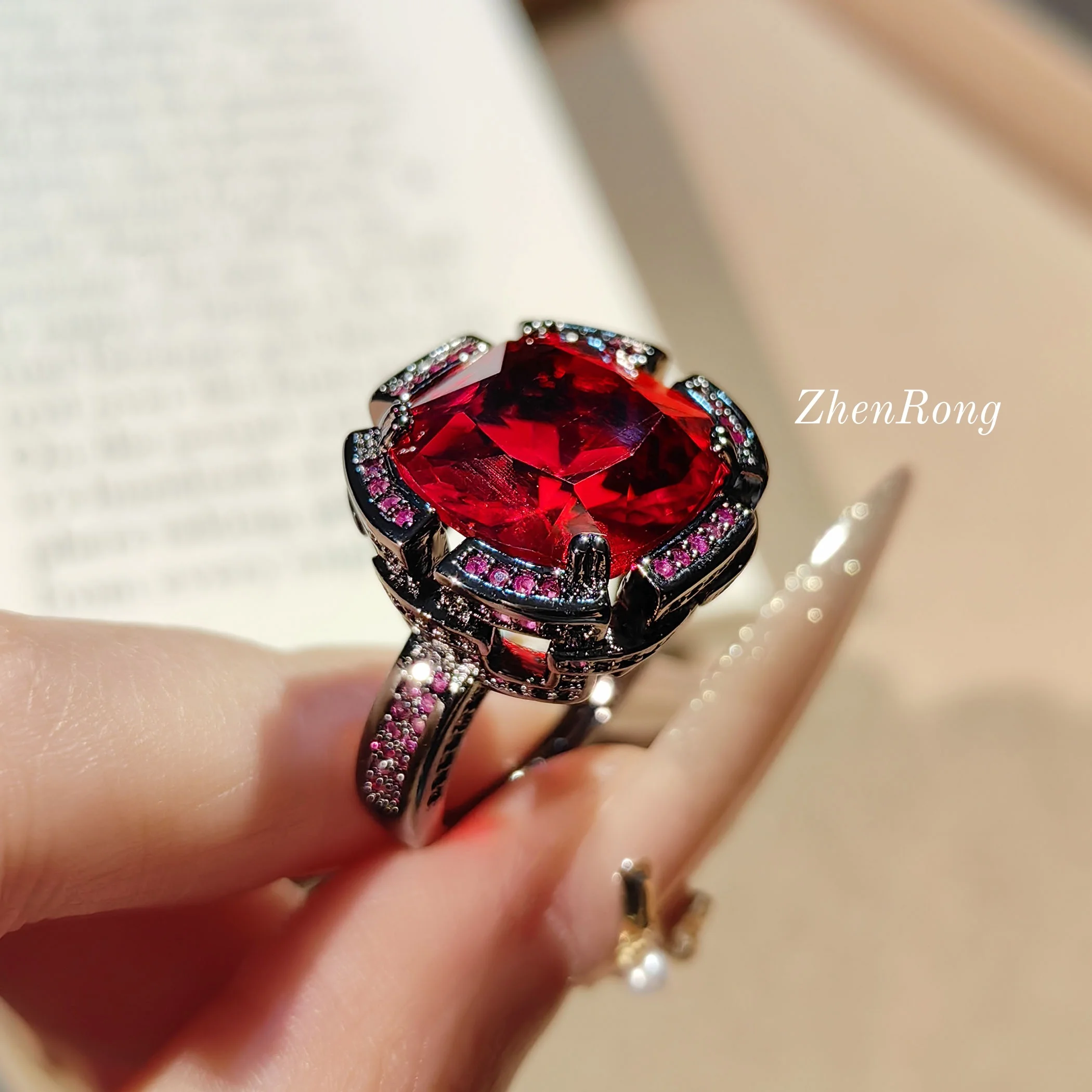 European and American dark style red zircon set with black gold plating ring, women's temperament necklace set, earrings - Image 5