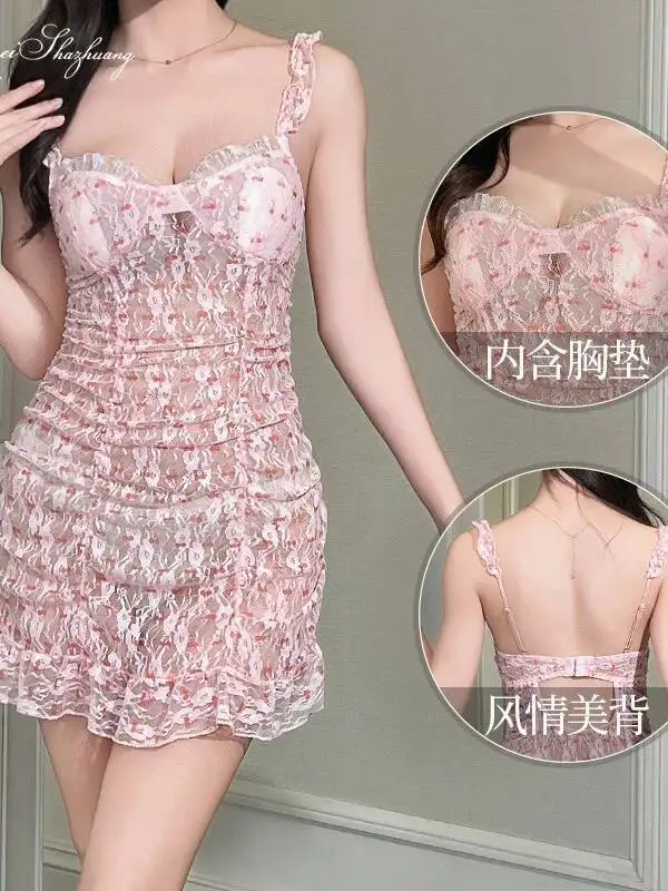 Elegante novo vestido de emenda de malha transparente puro desejo sexy roupa de noite para mulheres doce bonito rosa vestido transparente n6xx