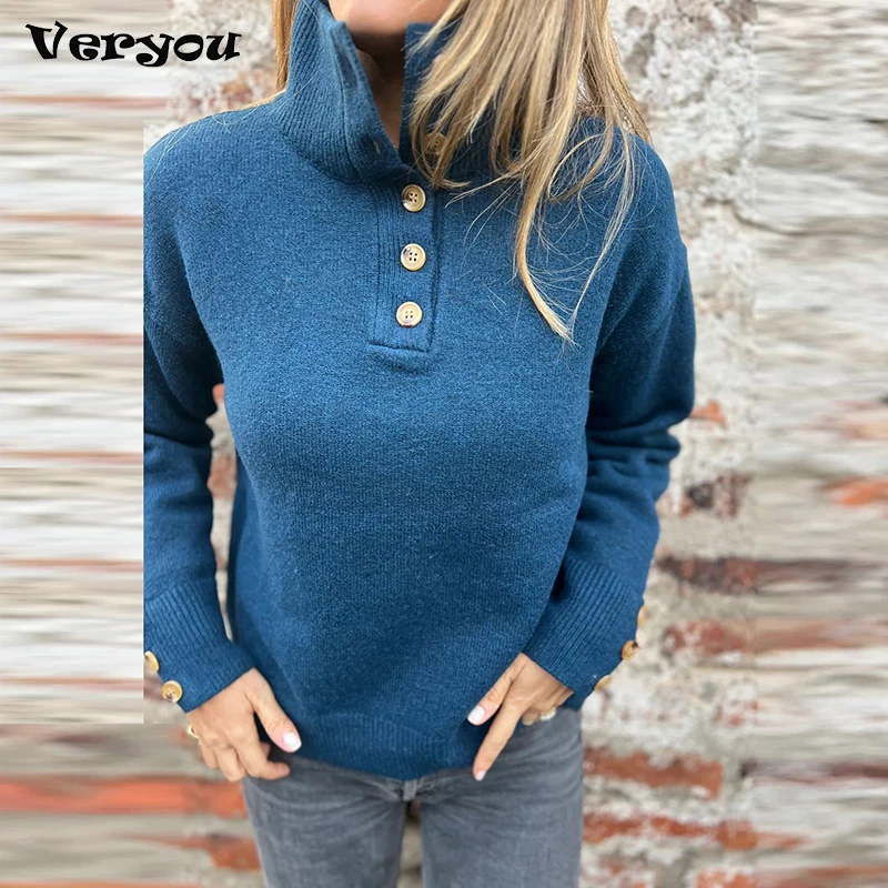 

Autumn Winter Temperament Warm Knitted Sweater Women Casual Button Jumper Fashion Women Solid Turtleneck Long Sleeve Sweater