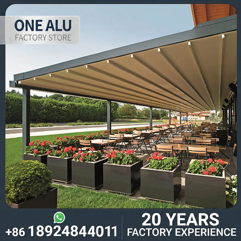 

OneAlu IntelliGlide Motorized Awning: Smart Rain-Sensing Protection for Outdoor Cafe Dining Areas