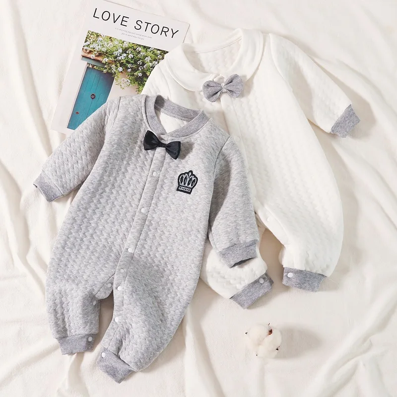 Autumn Ins Newborn Boys Jumpsuit 100% Cotton Plus Thick Bow Tie Warm Long Sleeve Baby Boys Bodysuit Infant Boys Outfits