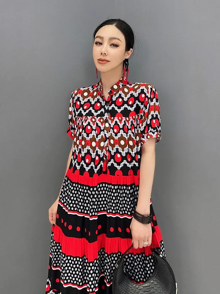 XITAO Vintage Print Female Dress Loose Fashion Contrast Color Stand Collar Short Sleeves Dress 2024 Summer New Women ZY8693